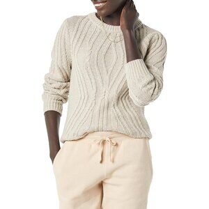 Beige Regular Fit 100% Cotton Women's Crewneck Cable Sweater - Ultimate Comfort